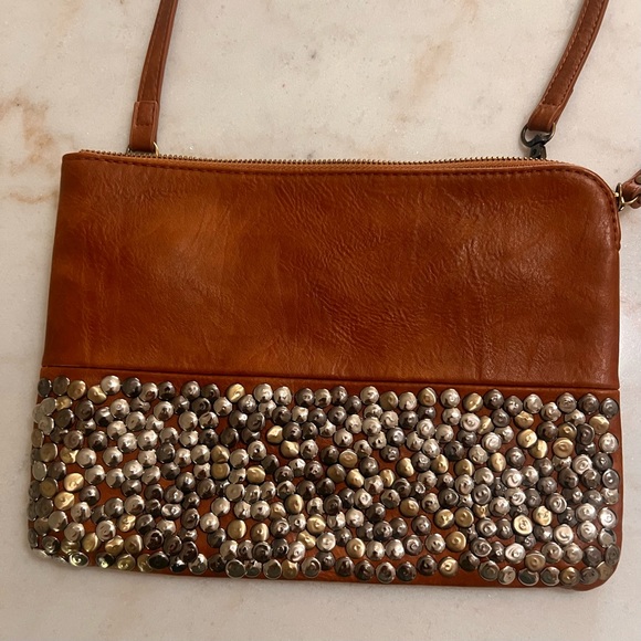 ANTIK KRAFT Brown Leather Crossbody With Silver Tone Metal Studs EUC - Picture 1 of 8